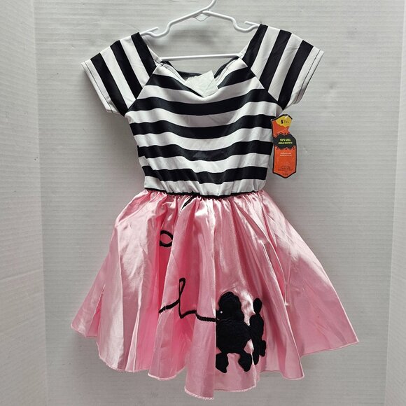 New 50s Girls Kid Child Pink Black Stripped Poodle Dog Dress Costume S Small 4 - Picture 1 of 15